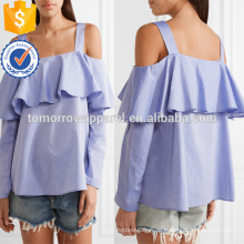 Blau Off-The-Shoulder Langarm Rüschen Baumwolle Sommer Bluse Herstellung Großhandel Mode Frauen Bekleidung (TA0029B)